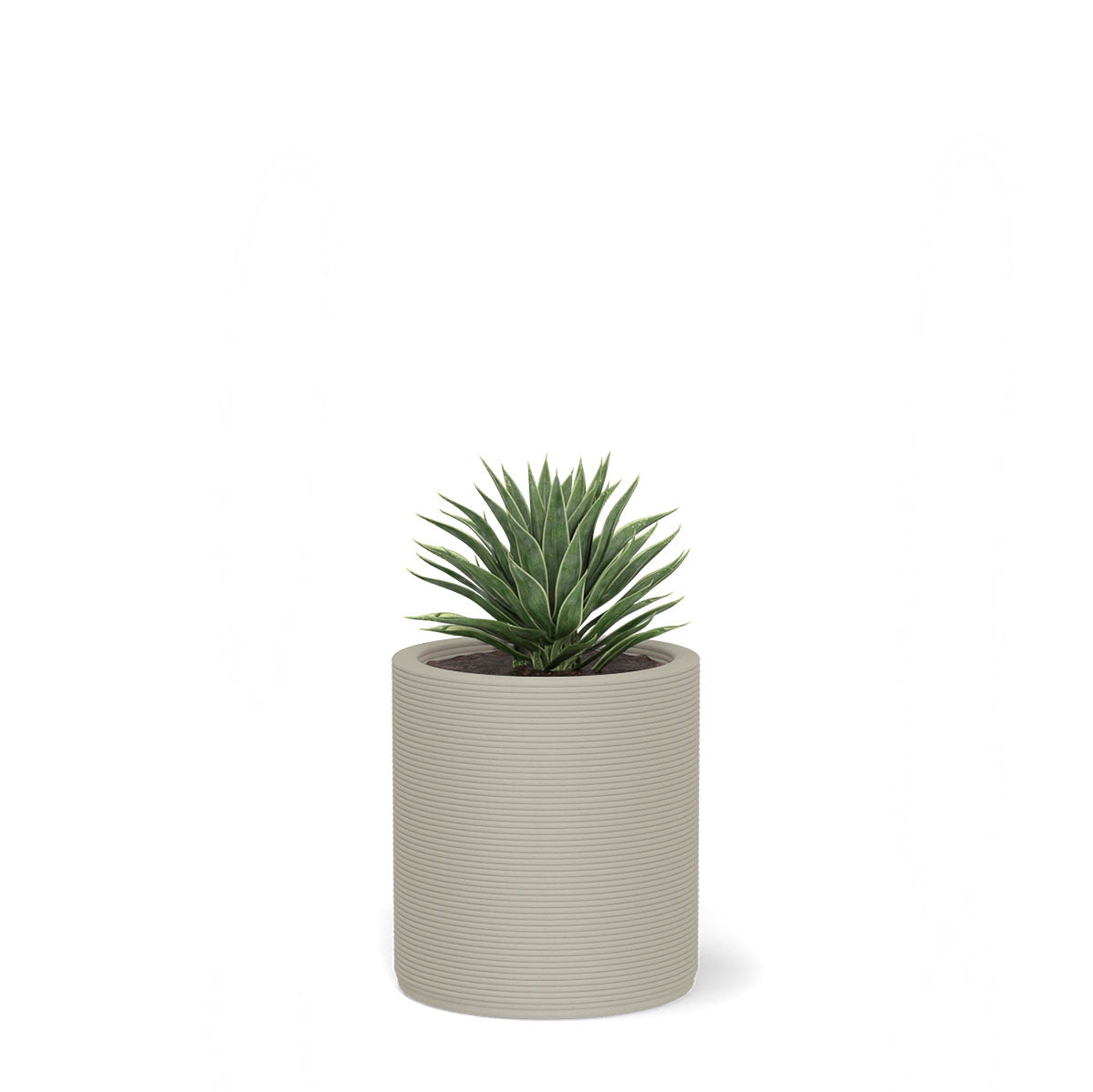 Solana Small Round Planter in Limestone Veil 3D-printed concrete with ribbed texture, modern cylindrical design for indoor or outdoor use