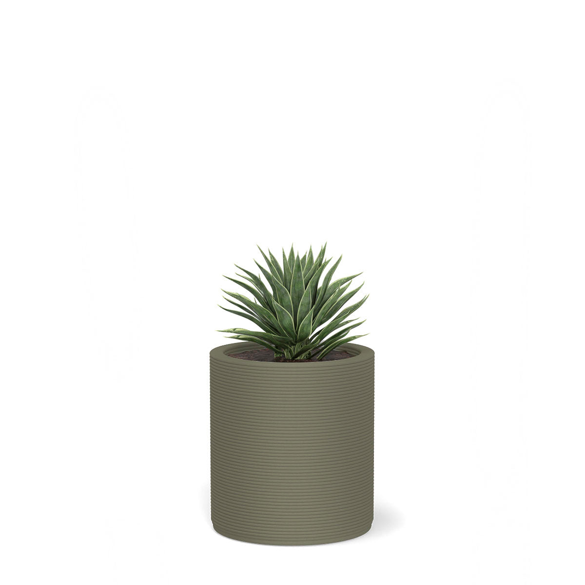 Solana Small Round Planter in Mossy Glen 3D-printed concrete with ribbed texture, modern cylindrical design for indoor or outdoor use