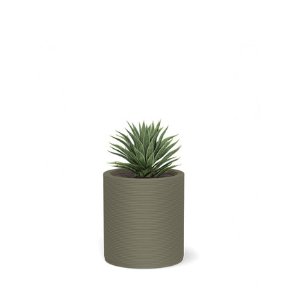 Solana Small Round Planter in Mossy Glen 3D-printed concrete with ribbed texture, modern cylindrical design for indoor or outdoor use