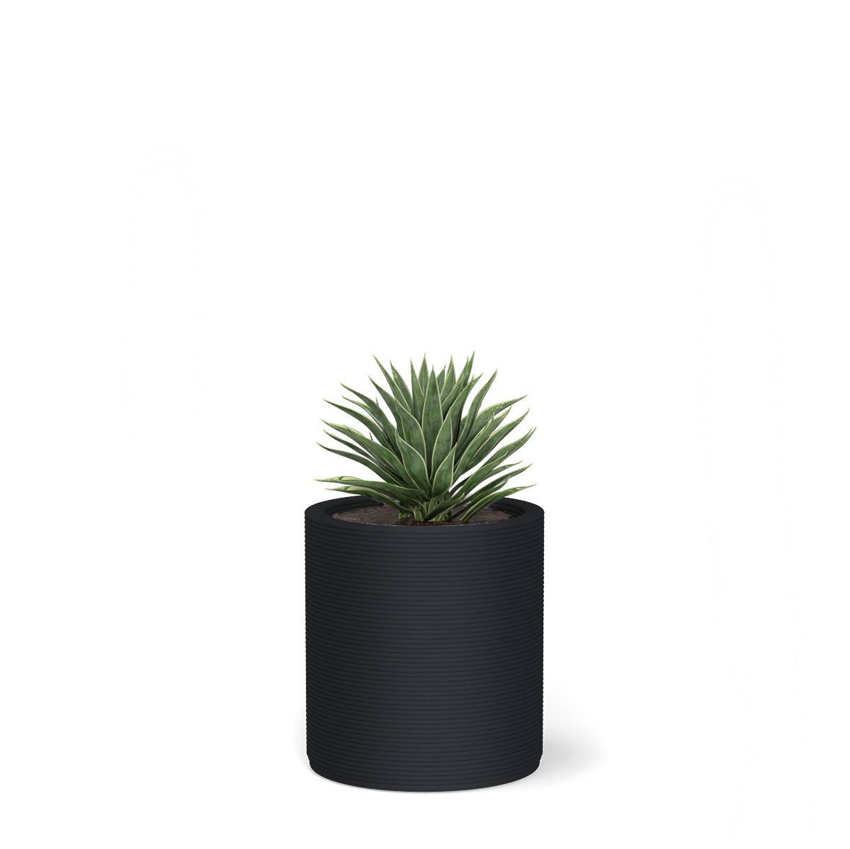 Solana Small Round Planter in Obsidian Night 3D-printed concrete with ribbed texture, modern cylindrical design for indoor or outdoor use