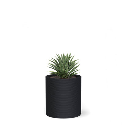 Solana Small Round Planter in Obsidian Night 3D-printed concrete with ribbed texture, modern cylindrical design for indoor or outdoor use