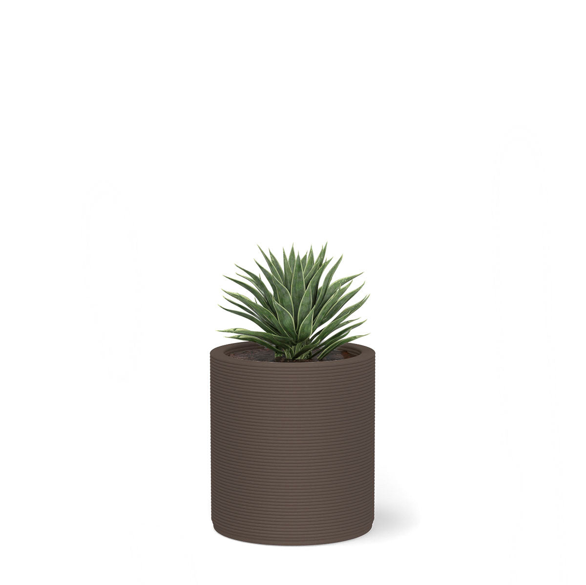 Solana Small Round Planter in Riverbed Earth 3D-printed concrete with ribbed texture, modern cylindrical design for indoor or outdoor use