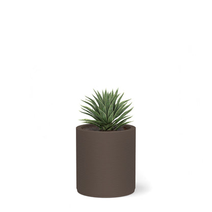 Solana Small Round Planter in Riverbed Earth 3D-printed concrete with ribbed texture, modern cylindrical design for indoor or outdoor use