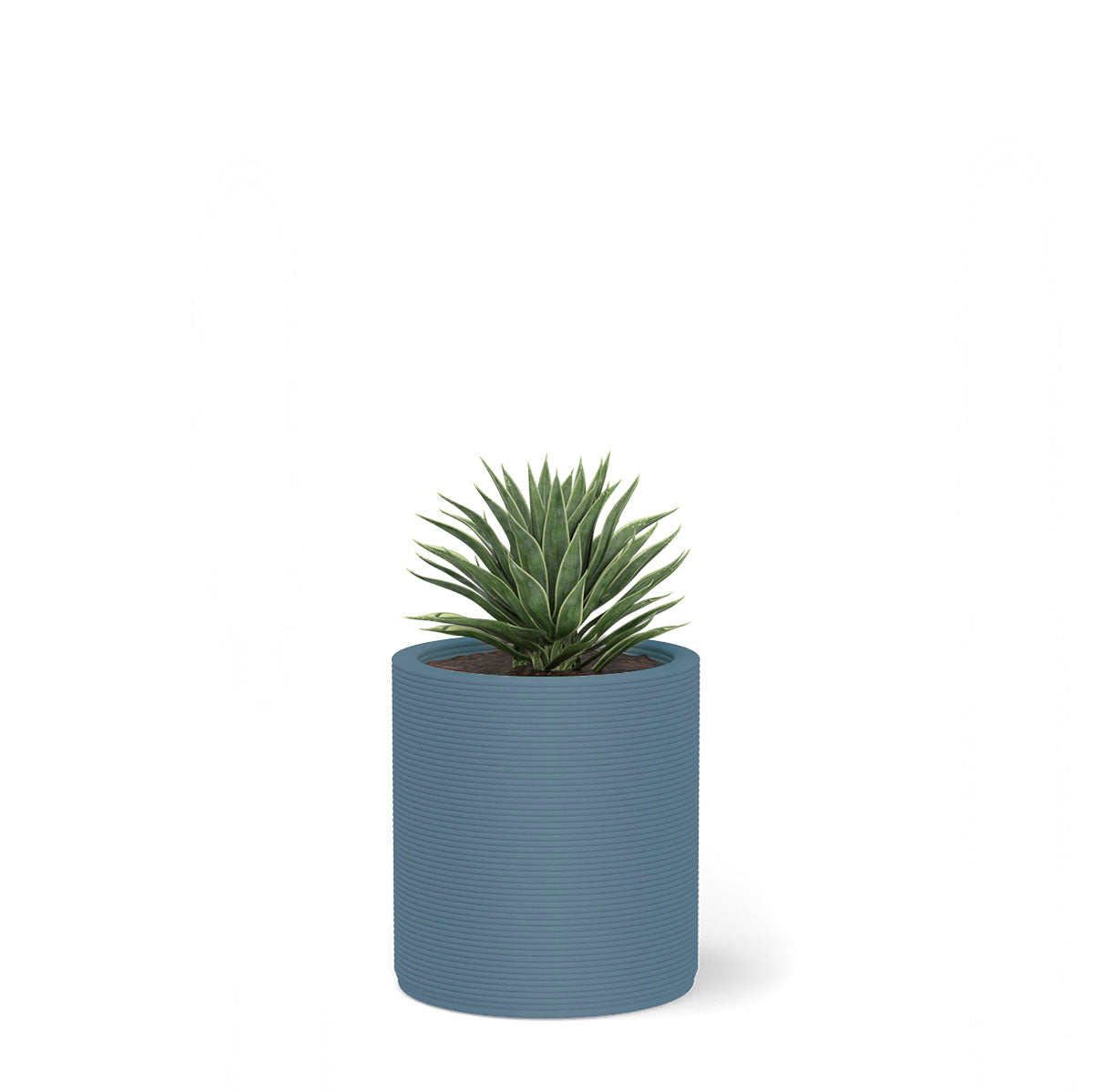 Solana Small Round Planter in Seafoam Slate 3D-printed concrete with ribbed texture, modern cylindrical design for indoor or outdoor use