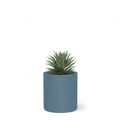 Solana Small Round Planter in Seafoam Slate 3D-printed concrete with ribbed texture, modern cylindrical design for indoor or outdoor use