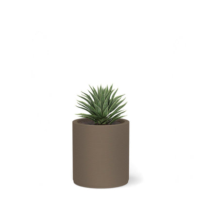 Solana Small Round Planter in Savanna Clay 3D-printed concrete with ribbed texture, modern cylindrical design for indoor or outdoor use