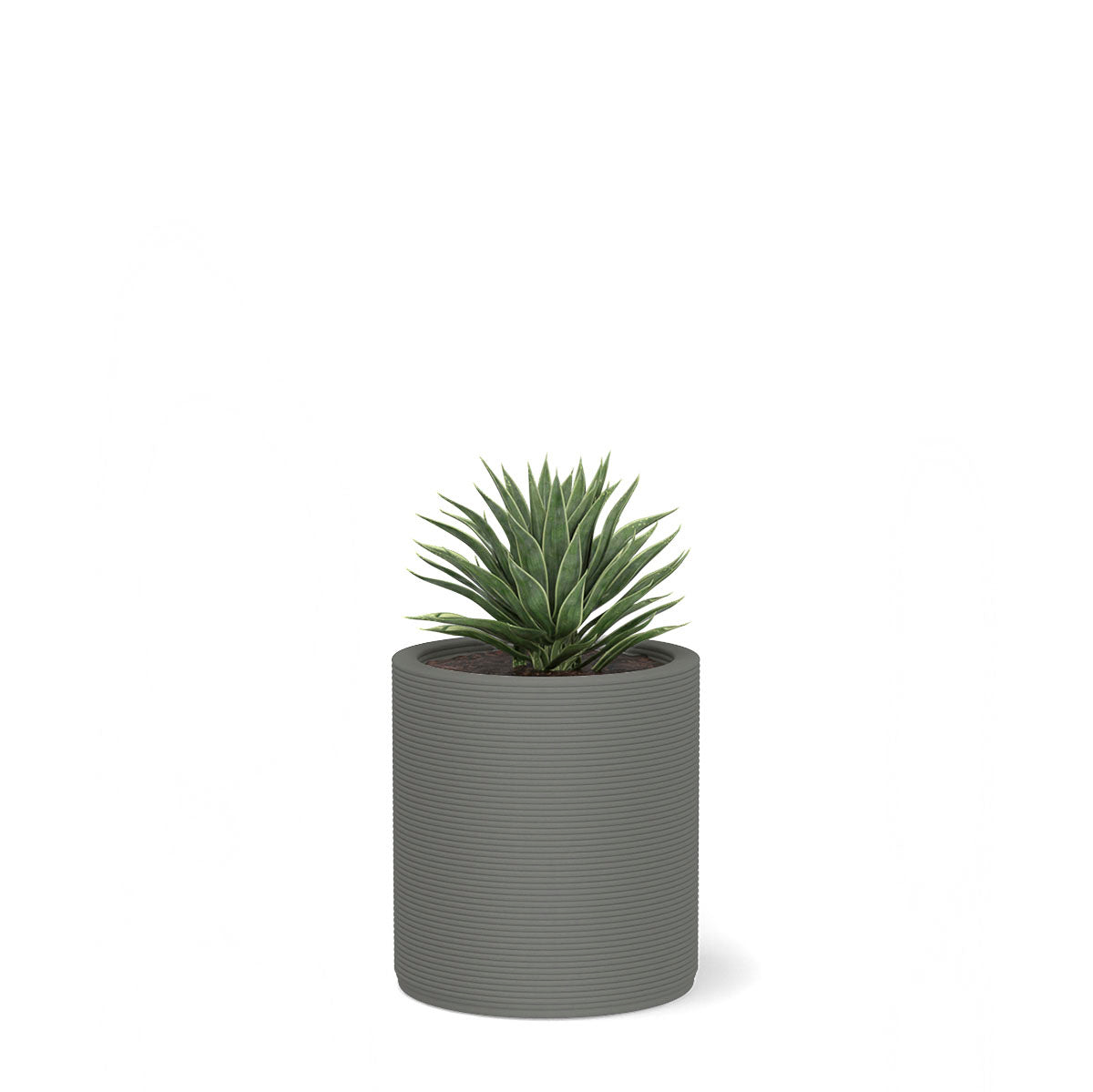 Solana Small Round Planter in Silver Mist 3D-printed concrete with ribbed texture, modern cylindrical design for indoor or outdoor use