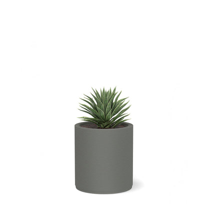 Solana Small Round Planter in Silver Mist 3D-printed concrete with ribbed texture, modern cylindrical design for indoor or outdoor use
