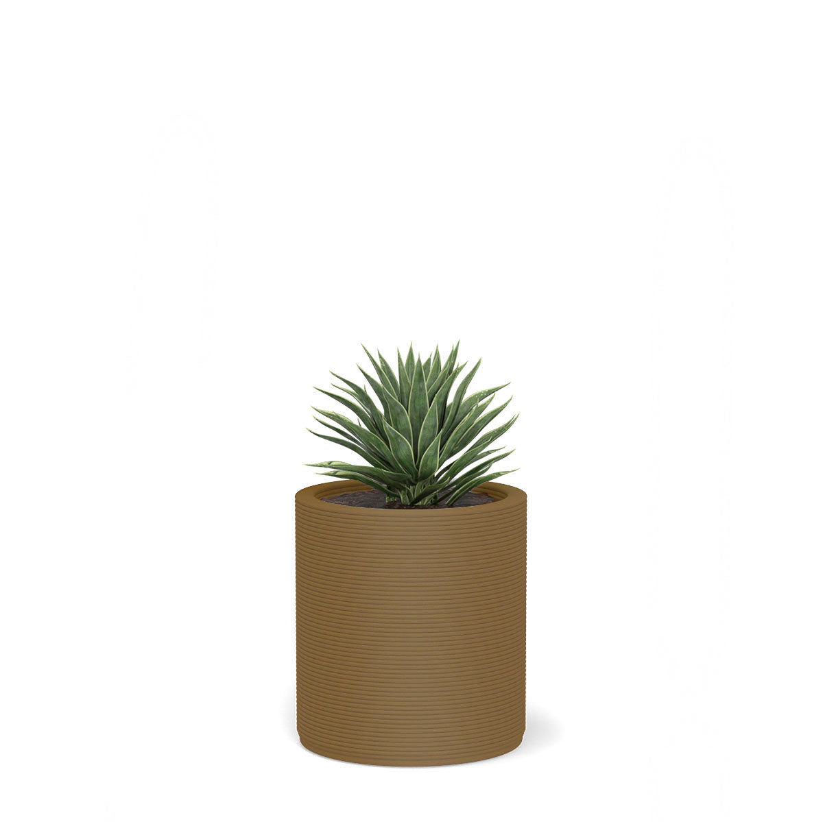 Solana Small Round Planter in Toasted Almond 3D-printed concrete with ribbed texture, modern cylindrical design for indoor or outdoor use