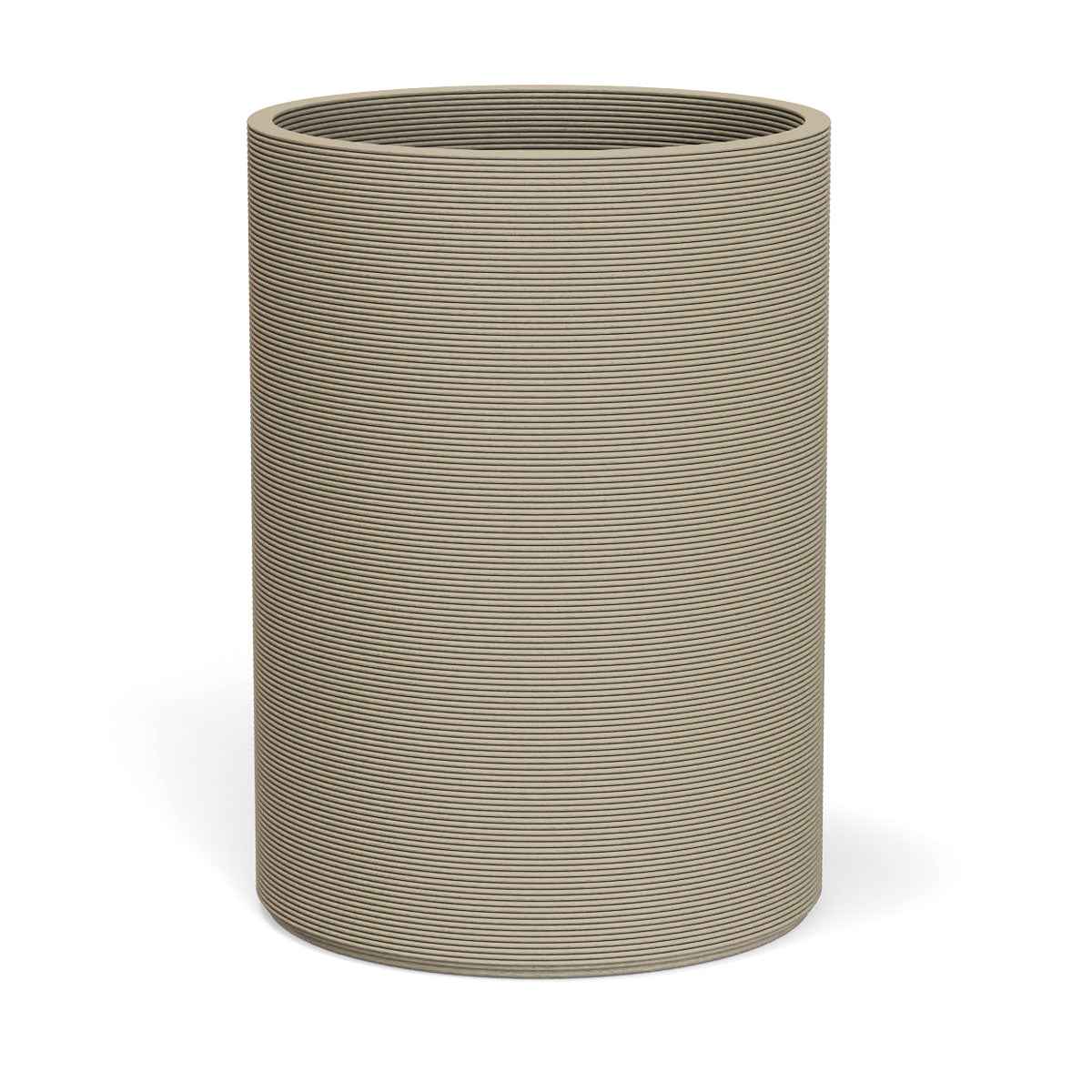 Solana XL Round Planter in Desert Dawn, featuring a sleek vertical ribbed texture and cylindrical silhouette made from 3D-printed GFRC concrete.