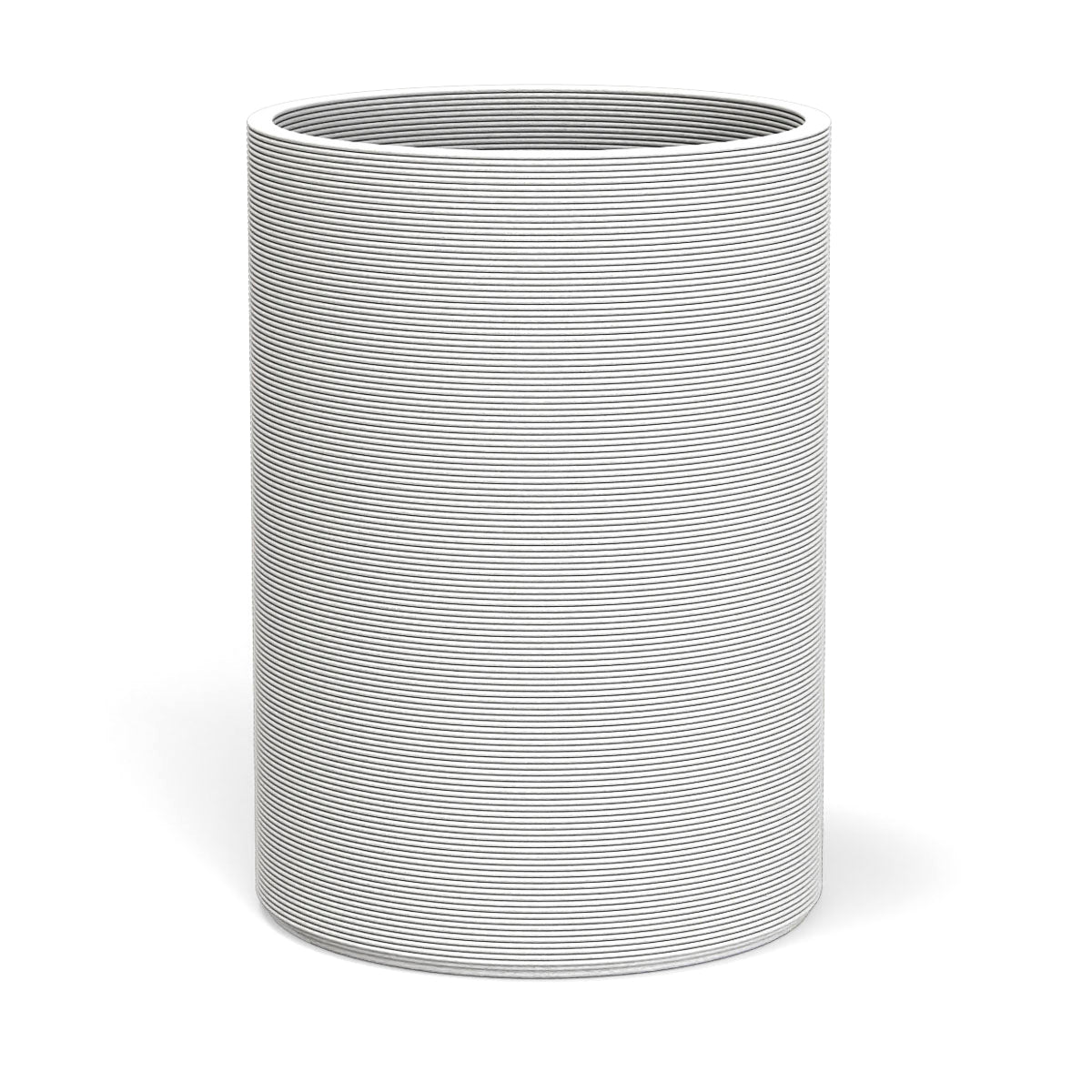 Solana XL Round Planter in Glacial Mist, featuring a sleek vertical ribbed texture and cylindrical silhouette made from 3D-printed GFRC concrete.