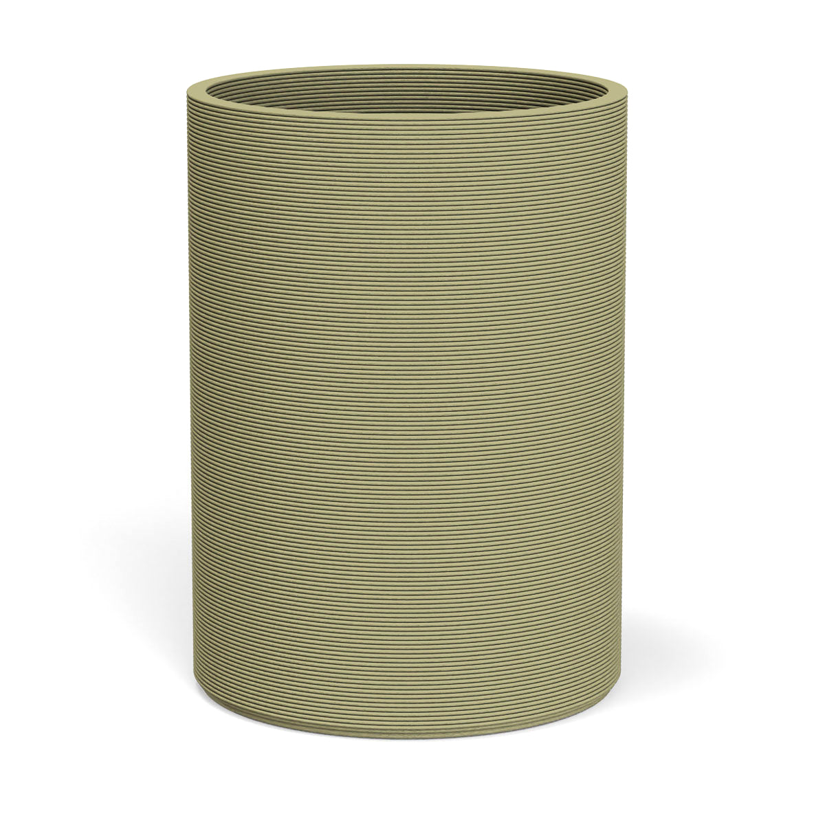Solana XL Round Planter in  Golden Olive, featuring a sleek vertical ribbed texture and cylindrical silhouette made from 3D-printed GFRC concrete.