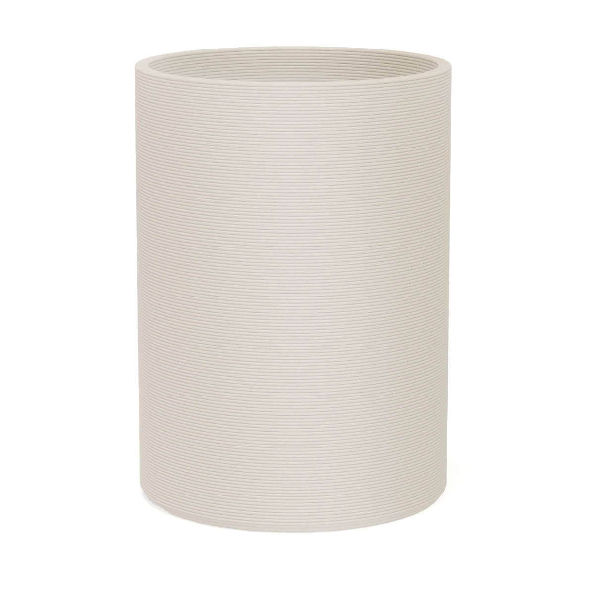 Solana XL Round Planter in  Limestone Veil, featuring a sleek vertical ribbed texture and cylindrical silhouette made from 3D-printed GFRC concrete.