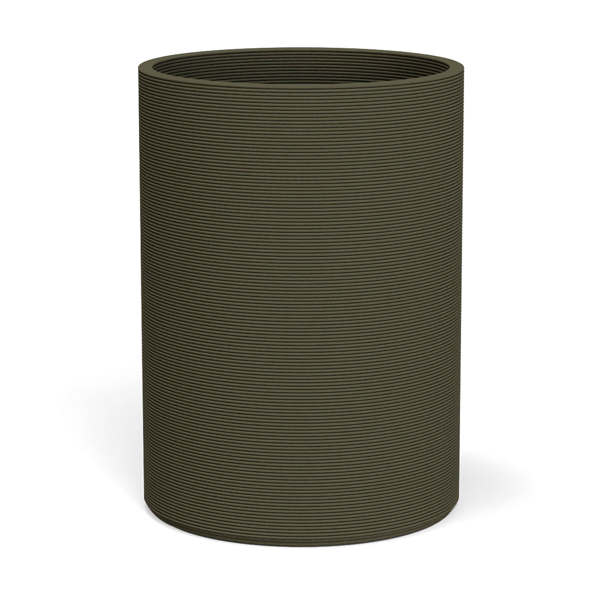 Solana XL Round Planter in Mossy Glen, featuring a sleek vertical ribbed texture and cylindrical silhouette made from 3D-printed GFRC concrete.