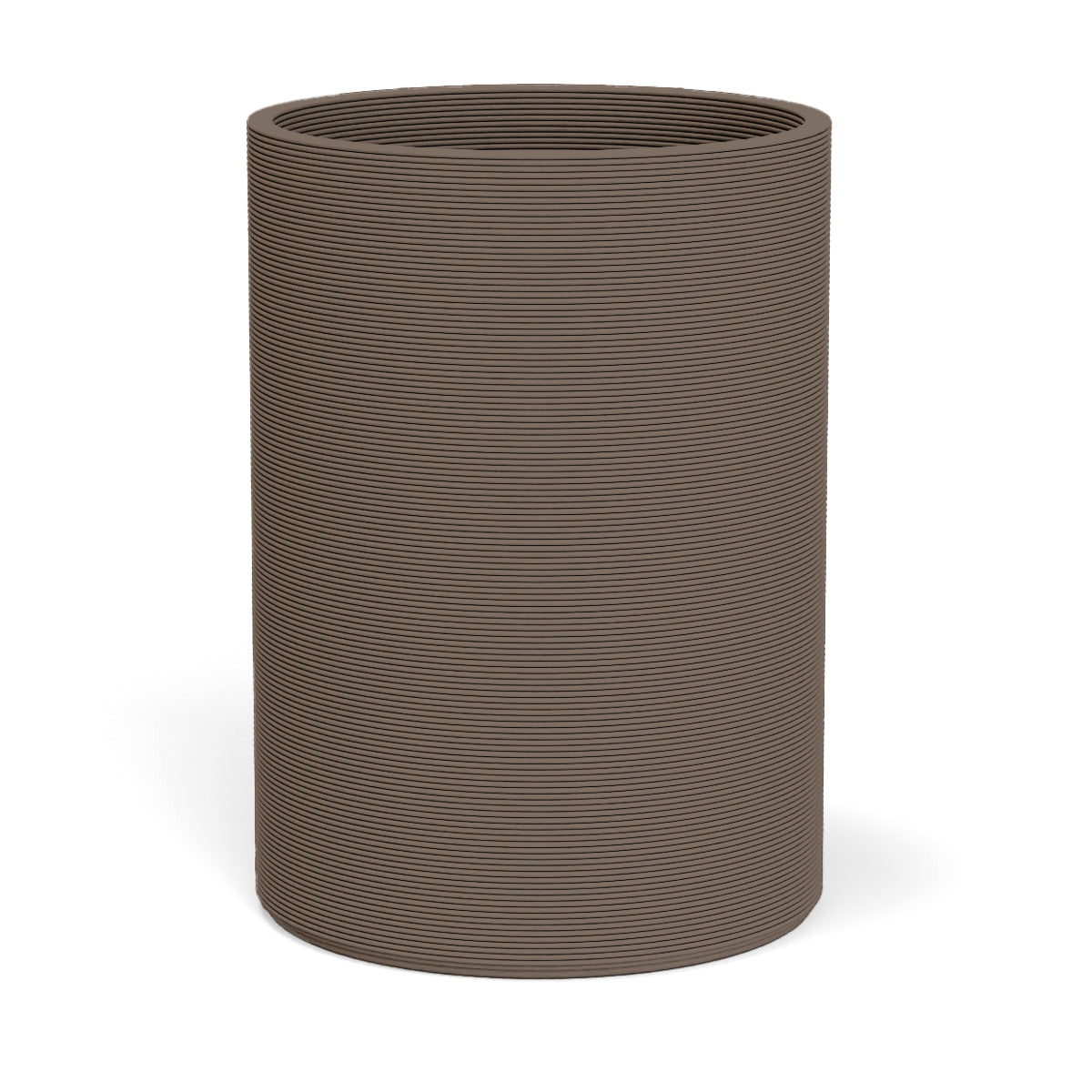 Solana XL Round Planter in Riverbed Earth, featuring a sleek vertical ribbed texture and cylindrical silhouette made from 3D-printed GFRC concrete.