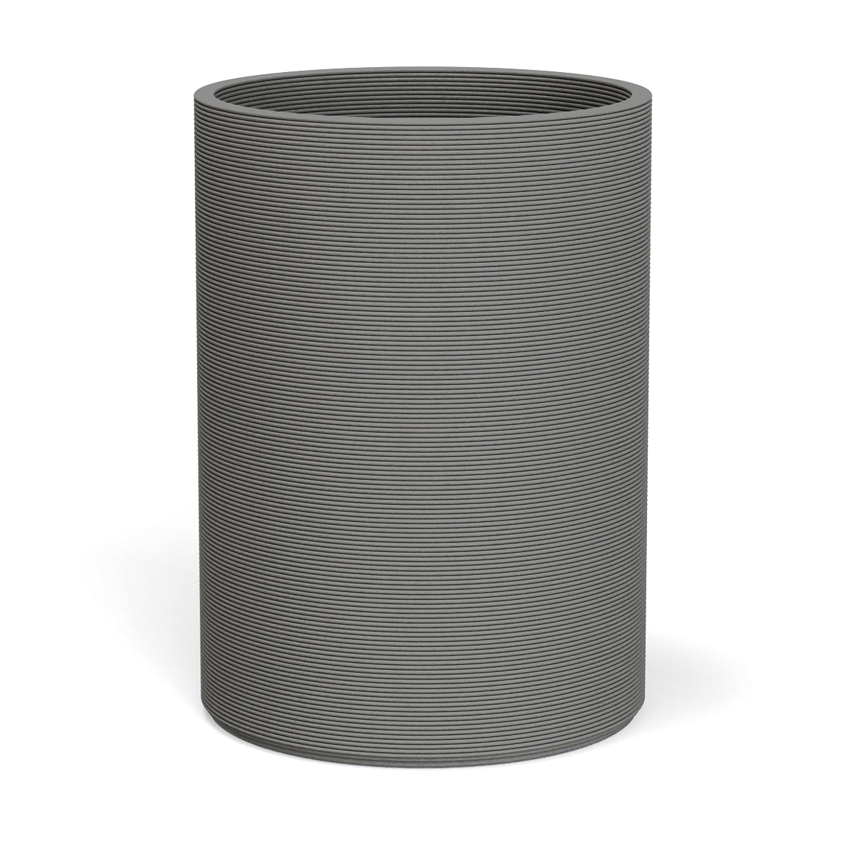 Solana XL Round Planter in Silver Mist, featuring a sleek vertical ribbed texture and cylindrical silhouette made from 3D-printed GFRC concrete.