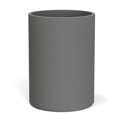 Solana XL Round Planter in Silver Mist, featuring a sleek vertical ribbed texture and cylindrical silhouette made from 3D-printed GFRC concrete.