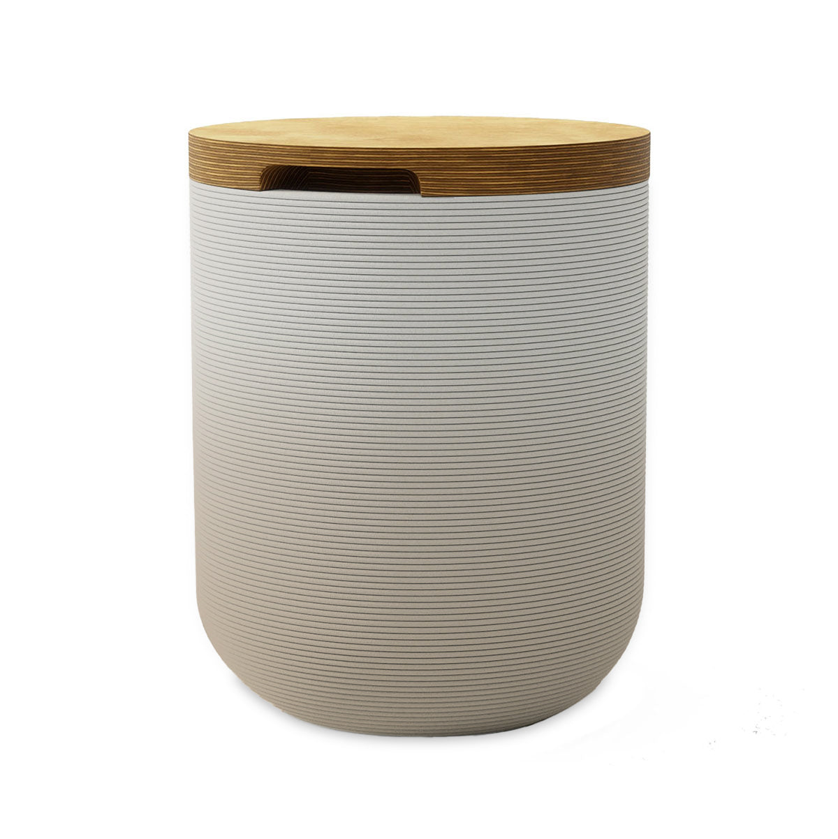 Zuma Side Table/Stool - Desert Dawn OMB2-Europly - round side table with fine horizontal ribbed concrete base and smooth wood top, modern sculptural design