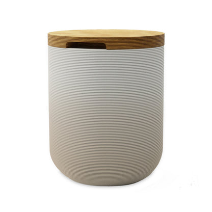 Zuma Side Table/Stool - Desert Dawn OMB2-Europly - round side table with fine horizontal ribbed concrete base and smooth wood top, modern sculptural design