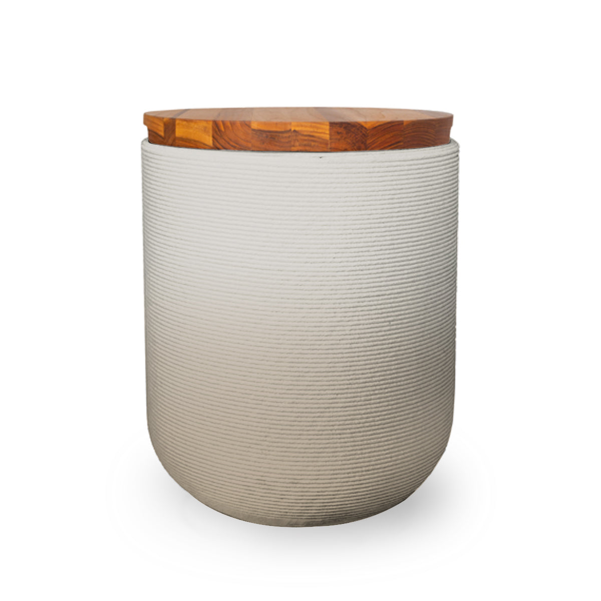 Zuma Side Table/Stool - Desert Dawn OMB2-Teak - round side table with fine horizontal ribbed concrete base and smooth wood top, modern sculptural design