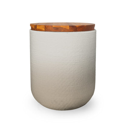 Zuma Side Table/Stool - Desert Dawn OMB2-Teak - round side table with fine horizontal ribbed concrete base and smooth wood top, modern sculptural design