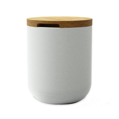 Zuma Side Table/Stool - Glacial Mist-Europly - round side table with fine horizontal ribbed concrete base and smooth wood top, modern sculptural design