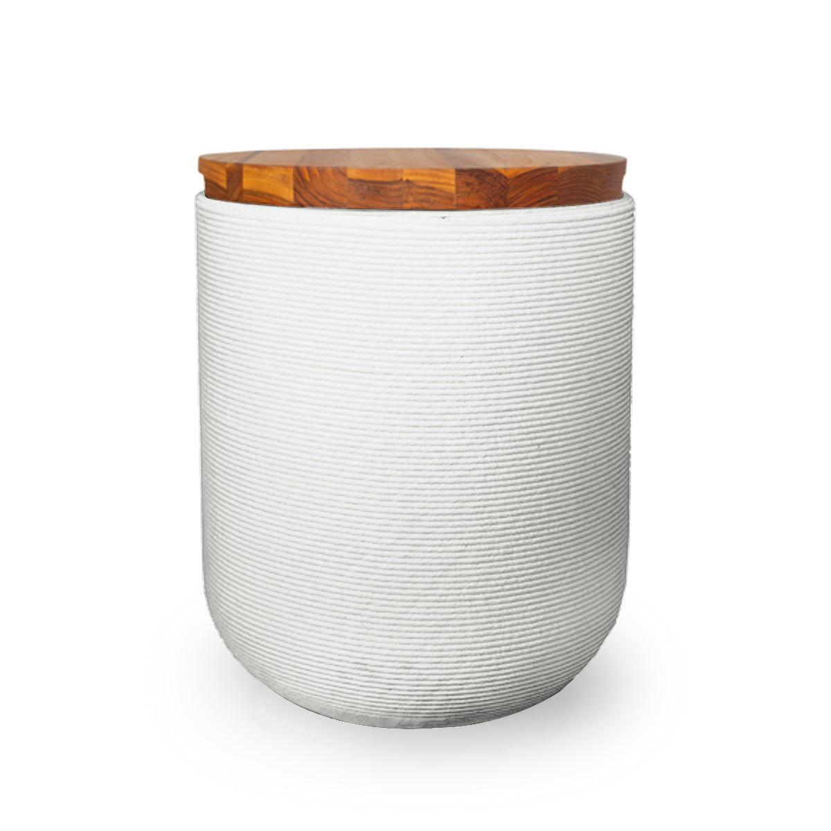 Zuma Side Table/Stool - Glacial Mist-Teak - round side table with fine horizontal ribbed concrete base and smooth wood top, modern sculptural design