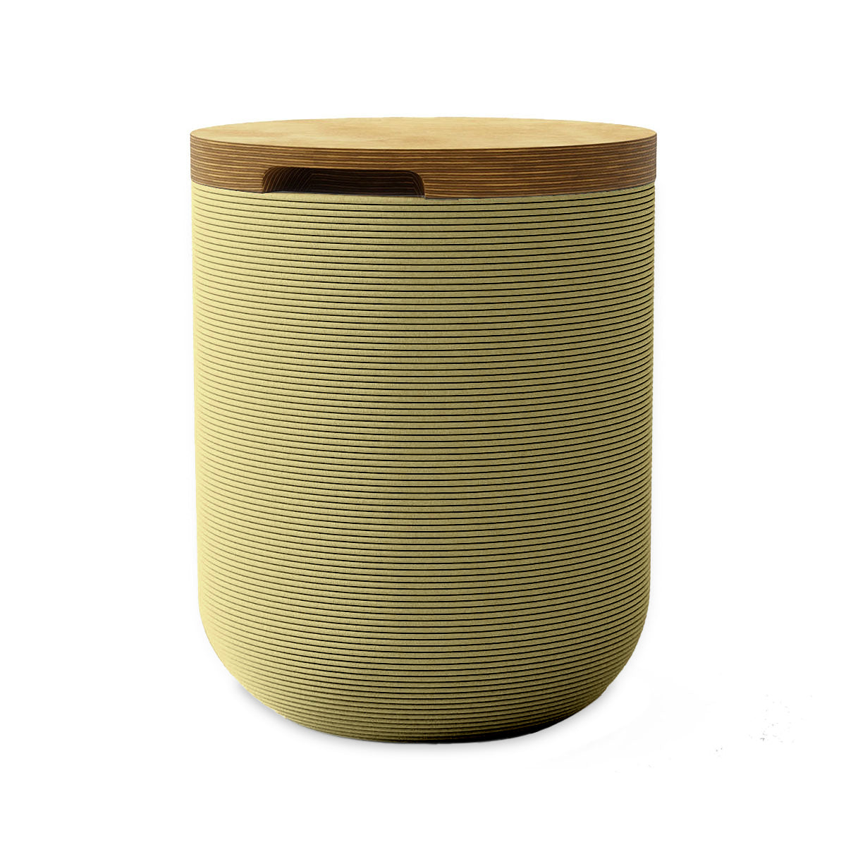Zuma Side Table/Stool - Golden Olive-Europly - round side table with fine horizontal ribbed concrete base and smooth wood top, modern sculptural design