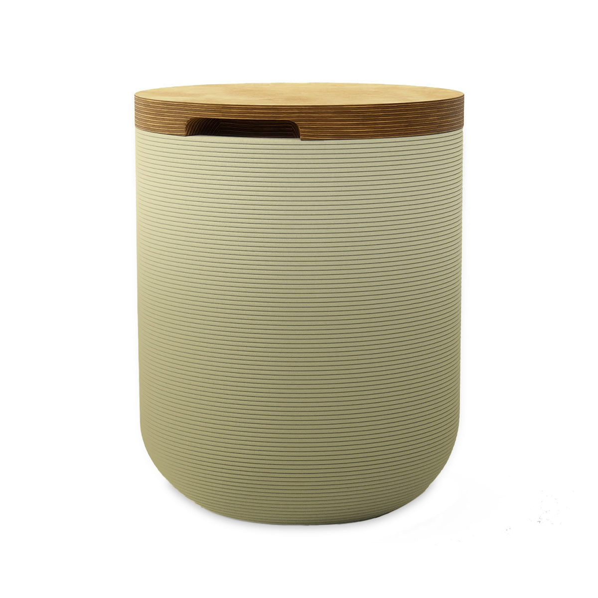 Zuma Side Table/Stool - Golden Olive OMB1-Europly - round side table with fine horizontal ribbed concrete base and smooth wood top, modern sculptural design