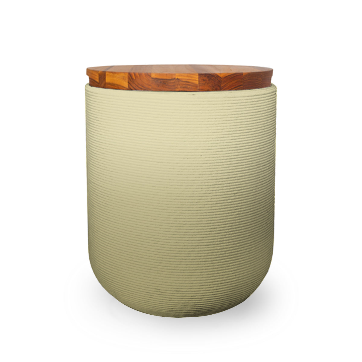 Zuma Side Table/Stool - Golden Olive OMB1-Teak - round side table with fine horizontal ribbed concrete base and smooth wood top, modern sculptural design