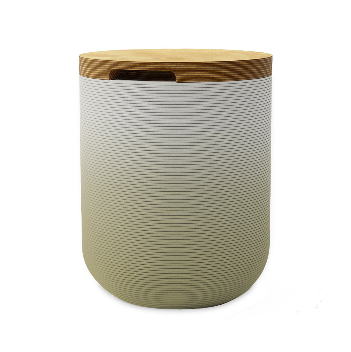 Zuma Side Table/Stool - Golden Olive OMB2-Europly - round side table with fine horizontal ribbed concrete base and smooth wood top, modern sculptural design