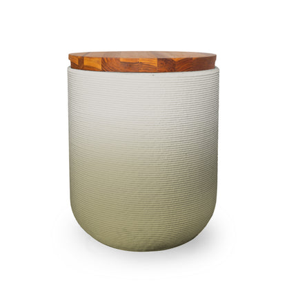Zuma Side Table/Stool - Golden Olive OMB2-Teak - round side table with fine horizontal ribbed concrete base and smooth wood top, modern sculptural design
