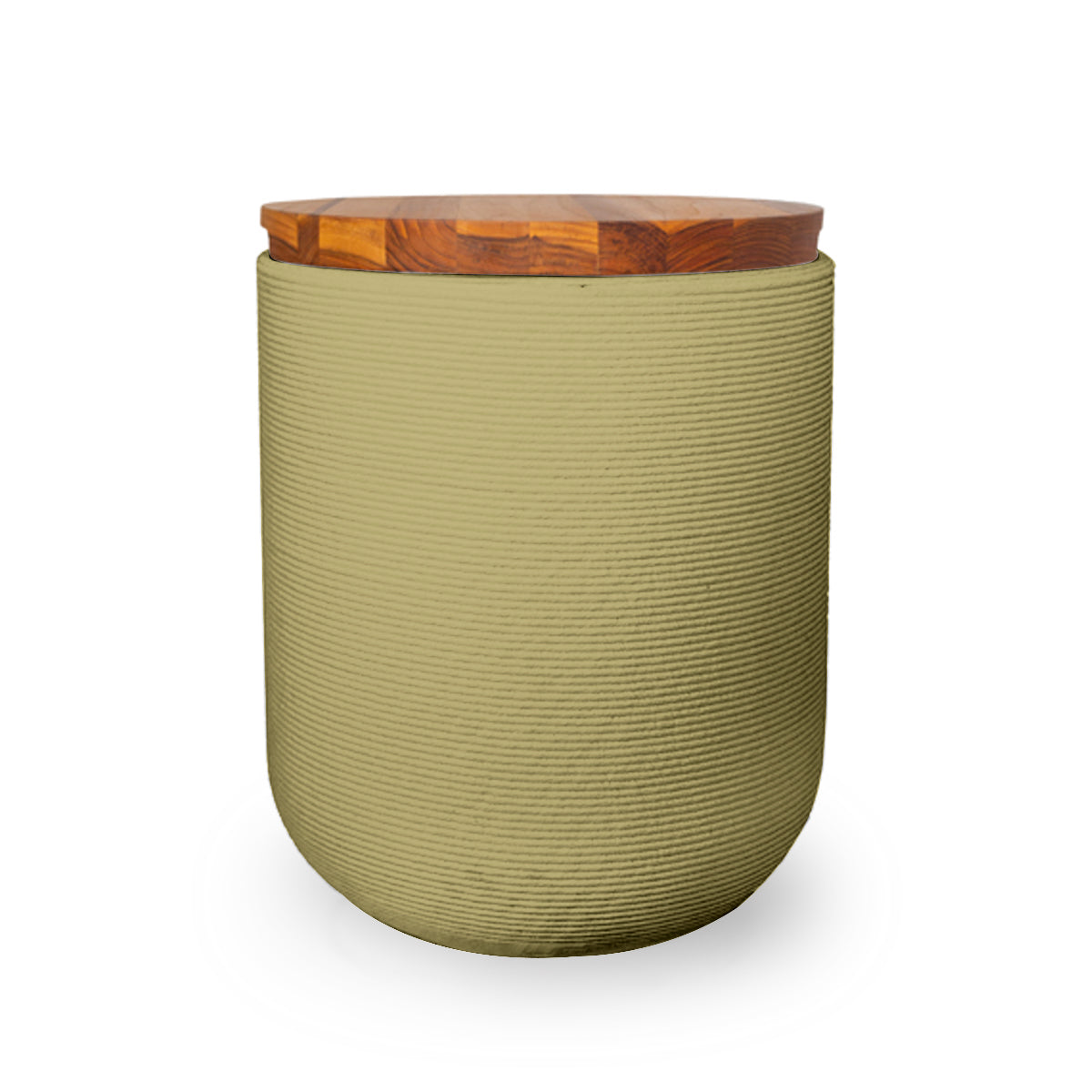 Zuma Side Table/Stool - Golden Olive-Teak - round side table with fine horizontal ribbed concrete base and smooth wood top, modern sculptural design