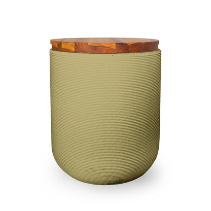 Zuma Side Table/Stool - Golden Olive-Teak - round side table with fine horizontal ribbed concrete base and smooth wood top, modern sculptural design