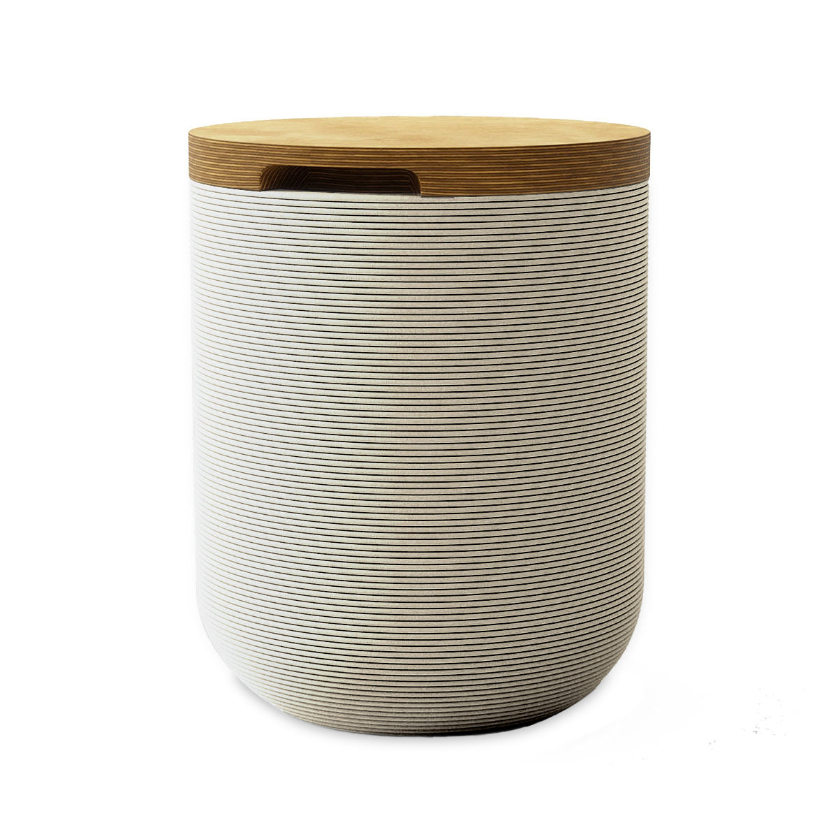 Zuma Side Table/Stool - Limestone Veil-Europly - round side table with fine horizontal ribbed concrete base and smooth wood top, modern sculptural design
