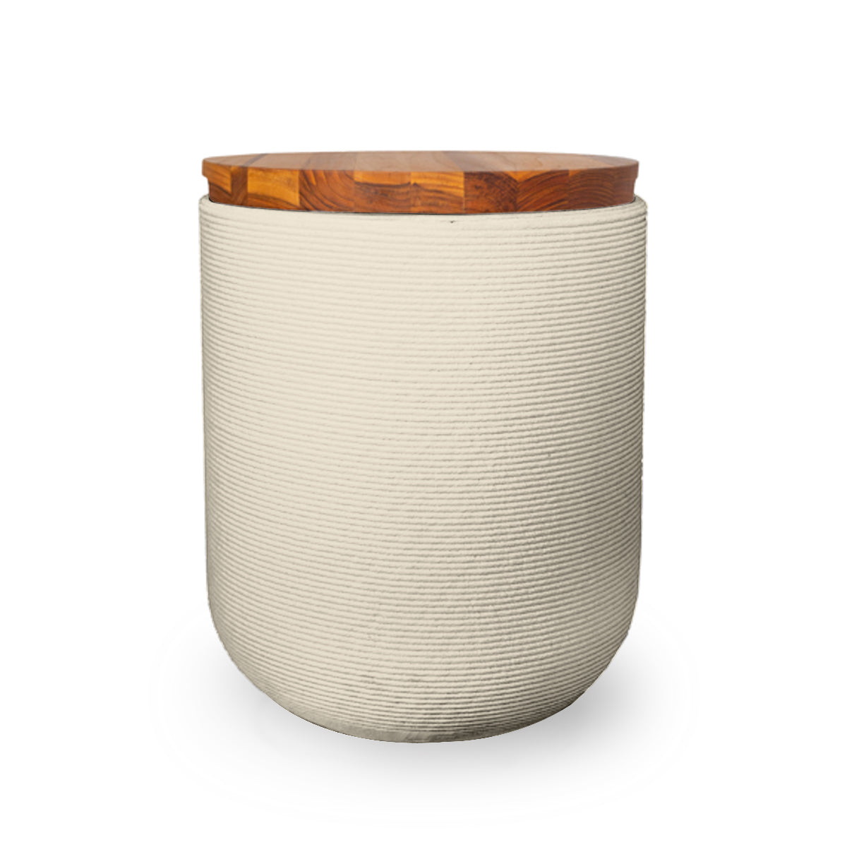 Zuma Side Table/Stool - Limestone Veil-Teak - round side table with fine horizontal ribbed concrete base and smooth wood top, modern sculptural design