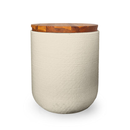 Zuma Side Table/Stool - Limestone Veil-Teak - round side table with fine horizontal ribbed concrete base and smooth wood top, modern sculptural design