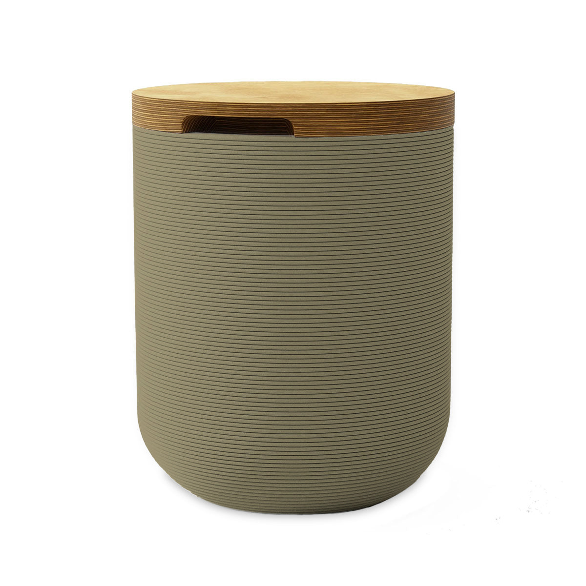 Zuma Side Table/Stool - Mossy Glen-Europly - round side table with fine horizontal ribbed concrete base and smooth wood top, modern sculptural design