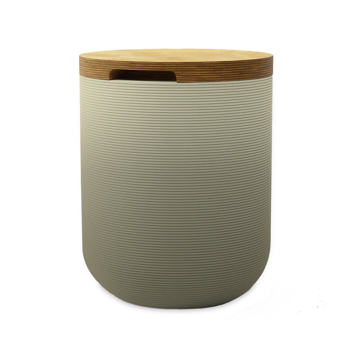 Zuma Side Table/Stool - Mossy Glen OMB1-Europly - round side table with fine horizontal ribbed concrete base and smooth wood top, modern sculptural design