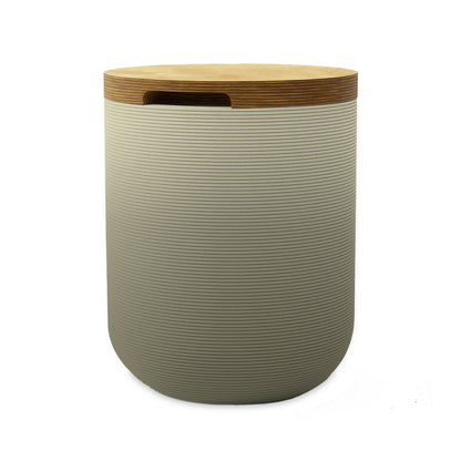 Zuma Side Table/Stool - Mossy Glen OMB1-Europly - round side table with fine horizontal ribbed concrete base and smooth wood top, modern sculptural design