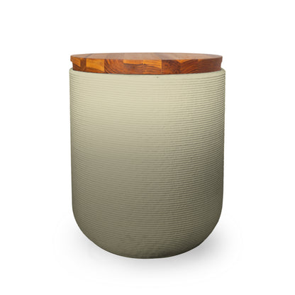 Zuma Side Table/Stool - Mossy Glen OMB1-Teak - round side table with fine horizontal ribbed concrete base and smooth wood top, modern sculptural design