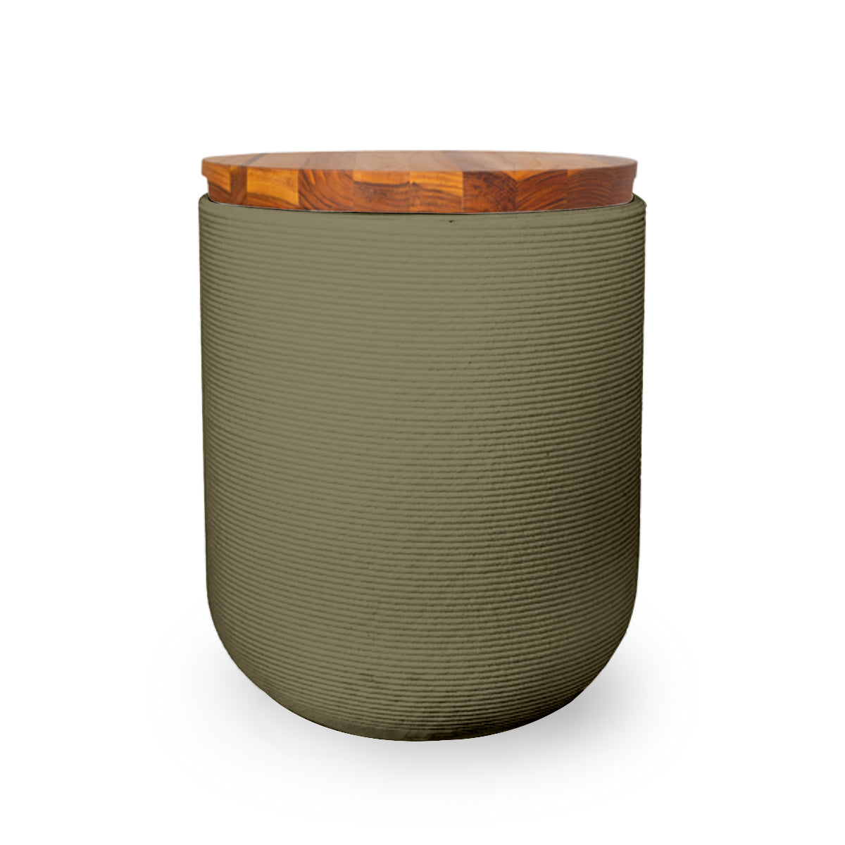 Zuma Side Table/Stool - Mossy Glen-Teak - round side table with fine horizontal ribbed concrete base and smooth wood top, modern sculptural design