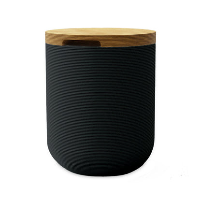 Zuma Side Table/Stool - Obsidian Night-Europly - round side table with fine horizontal ribbed concrete base and smooth wood top, modern sculptural design