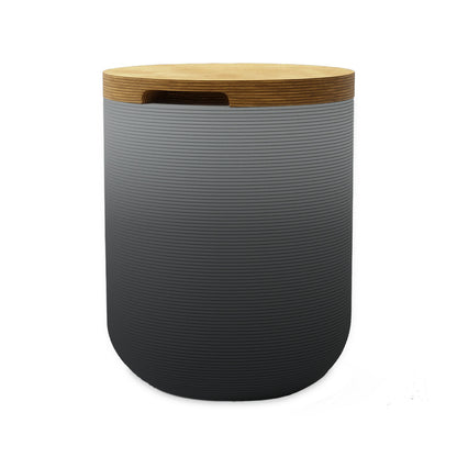 Zuma Side Table/Stool - Obsidian Night OMB1-Europly - round side table with fine horizontal ribbed concrete base and smooth wood top, modern sculptural design