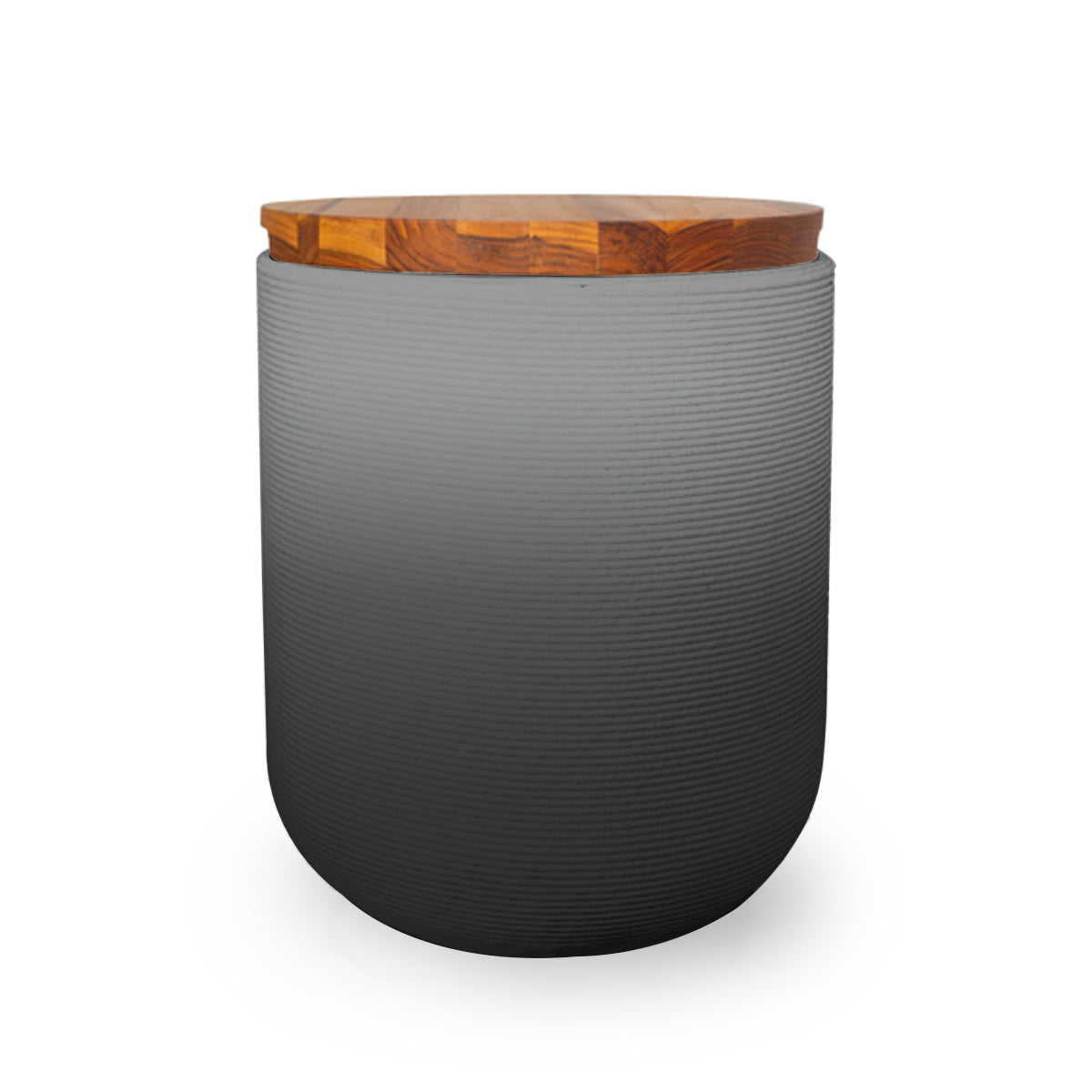 Zuma Side Table/Stool - Obsidian Night OMB1-Teak - round side table with fine horizontal ribbed concrete base and smooth wood top, modern sculptural design