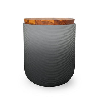 Zuma Side Table/Stool - Obsidian Night OMB1-Teak - round side table with fine horizontal ribbed concrete base and smooth wood top, modern sculptural design