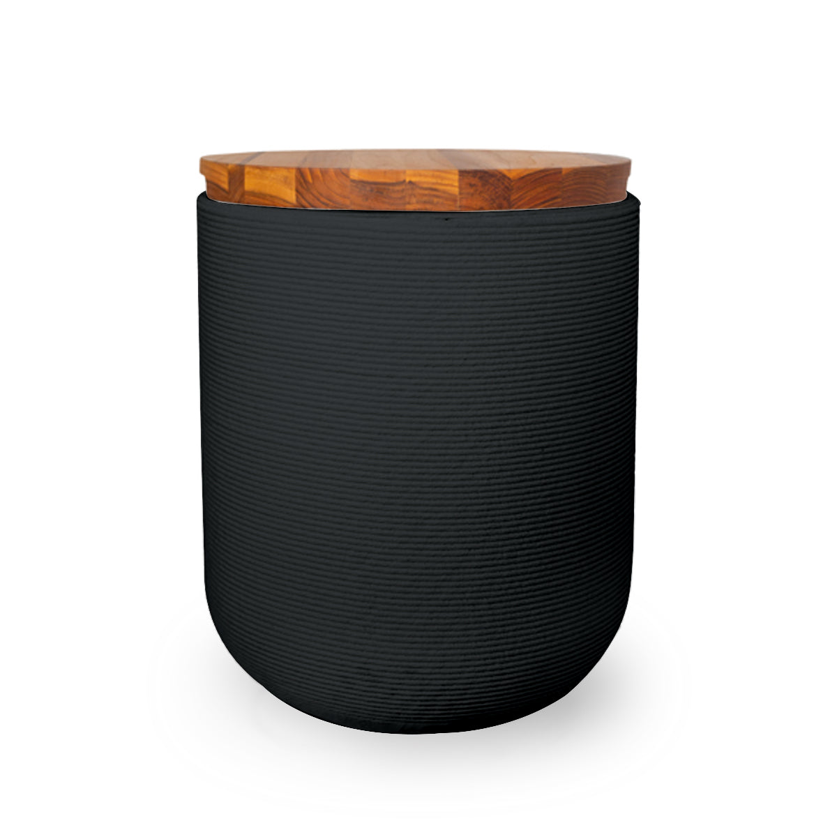 Zuma Side Table/Stool - Obsidian Night-Teak - round side table with fine horizontal ribbed concrete base and smooth wood top, modern sculptural design