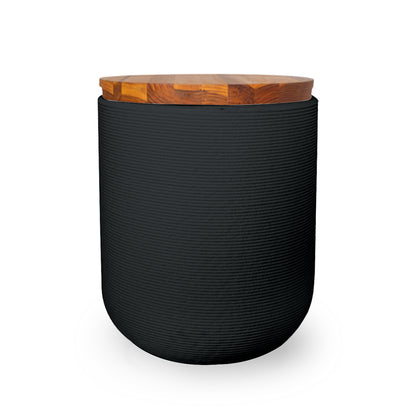 Zuma Side Table/Stool - Obsidian Night-Teak - round side table with fine horizontal ribbed concrete base and smooth wood top, modern sculptural design