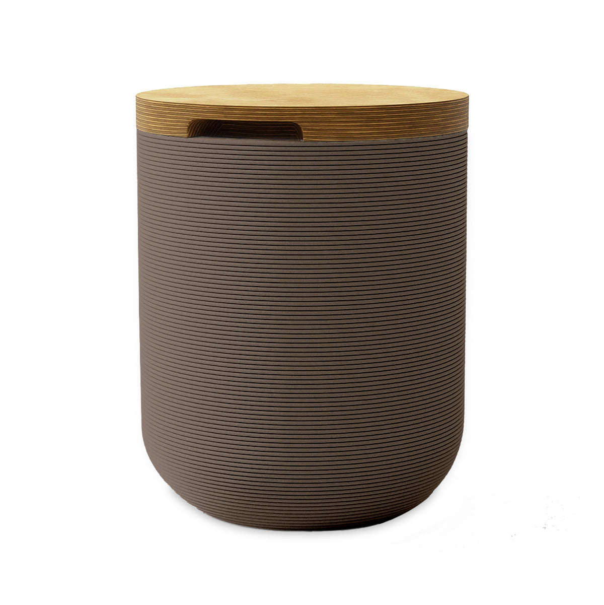 Zuma Side Table/Stool - Riverbed Earth-Europly - round side table with fine horizontal ribbed concrete base and smooth wood top, modern sculptural design