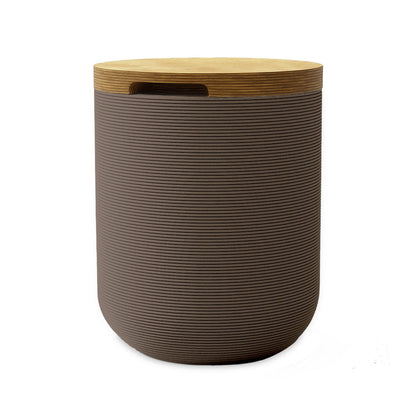 Zuma Side Table/Stool - Riverbed Earth-Europly - round side table with fine horizontal ribbed concrete base and smooth wood top, modern sculptural design